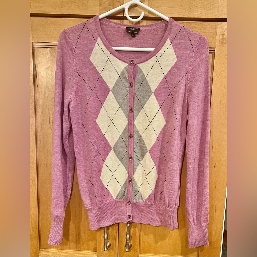Talbots Merino Wool Argyle Pink Purple Grey and Cream Cardigan Sweater Small